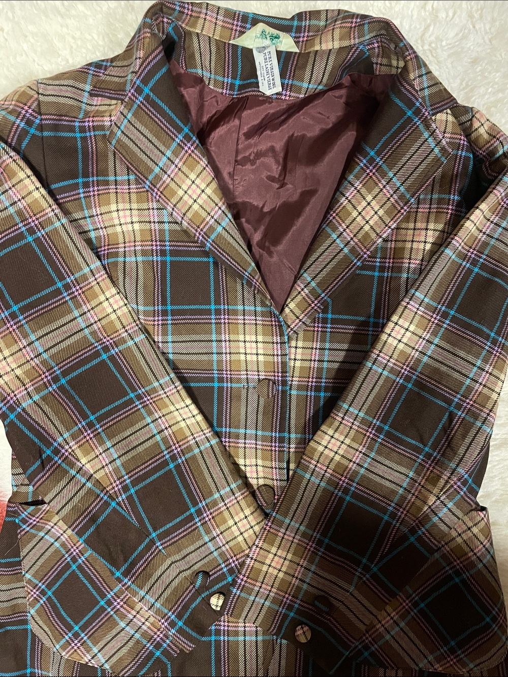 Vintage Wool Brown and Blue and Pink Plaid Women’s Blazer Jacket